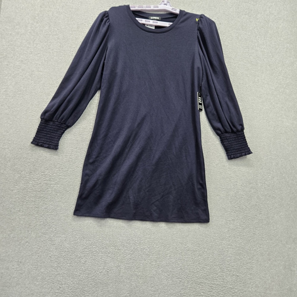 Express Women Dress S Navy Shift Ruffle 3/4 Sleeve Stretch Tunic NWT